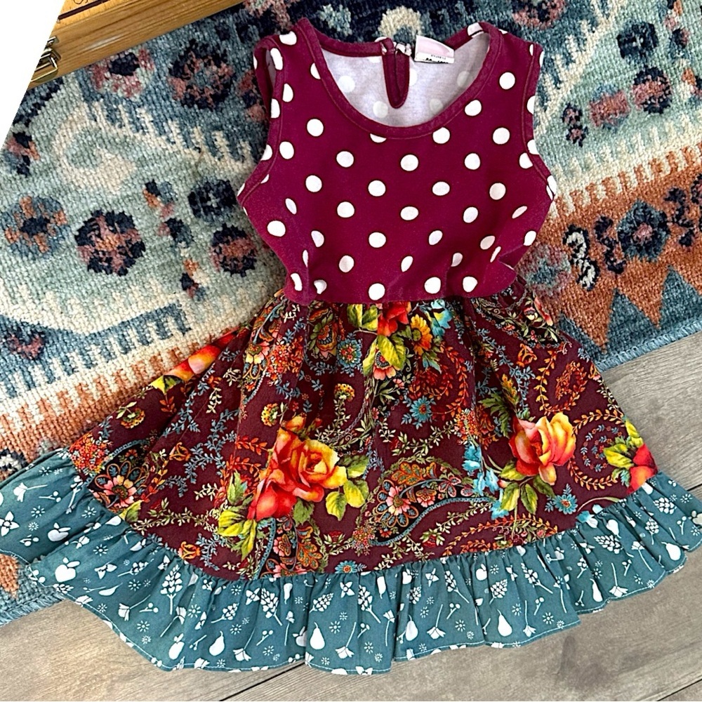 RicRac & Ruffles Mixed Media Cotton Dress 24 Months Burgundy Floral Polka Dot